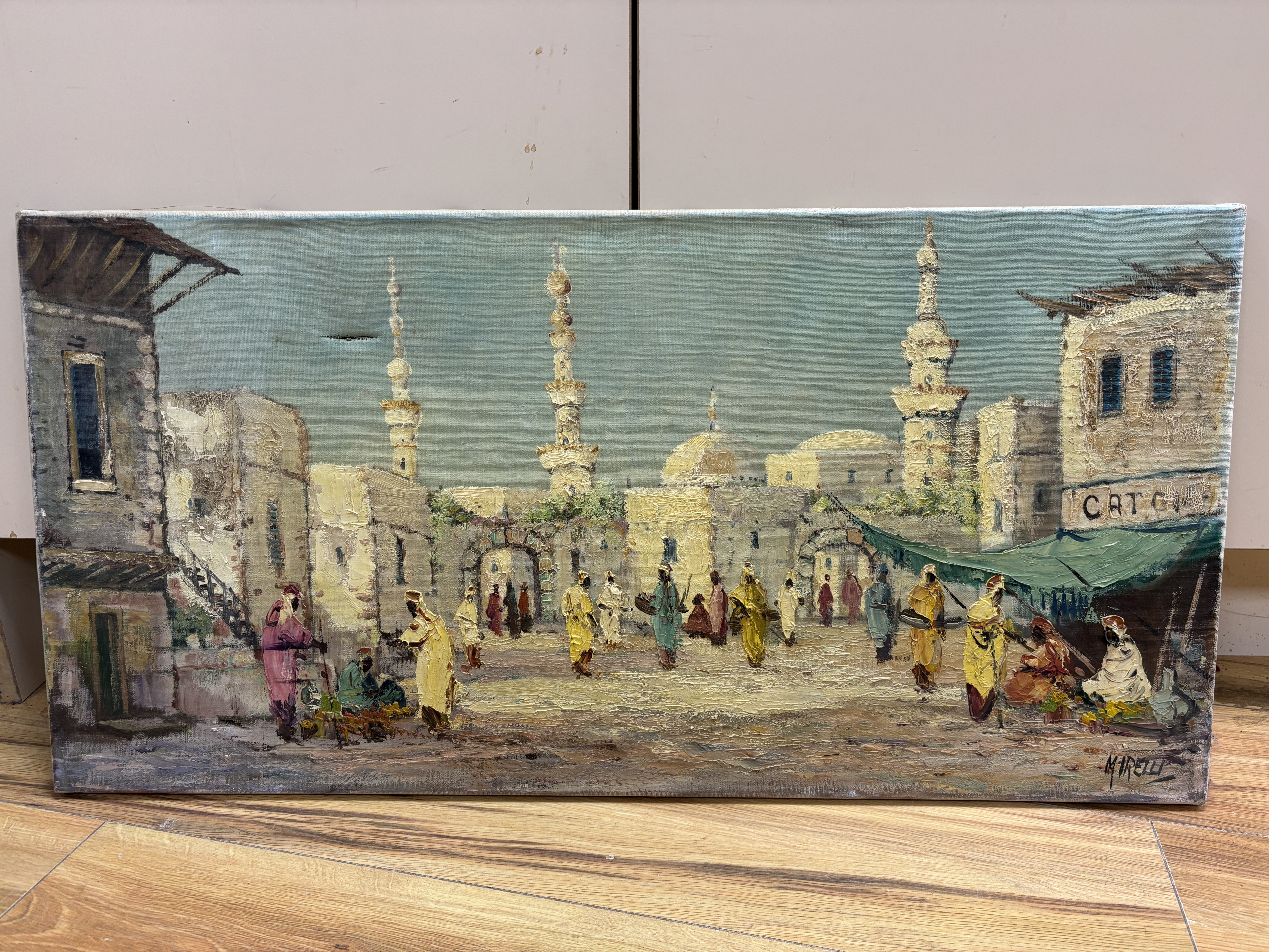 Mirelli, Orientalist style impasto oil on canvas, Market scene with figures, signed, 40 x 80cm, unframed